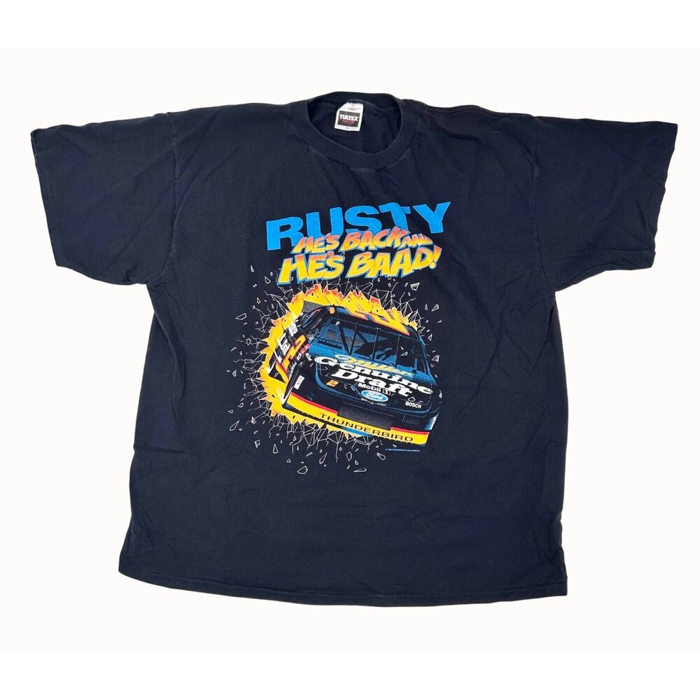 Vtg Rusty Wallace NASCAR T-Shirt 2XL Black Graphic Tee MGD Thunderbirds Racing